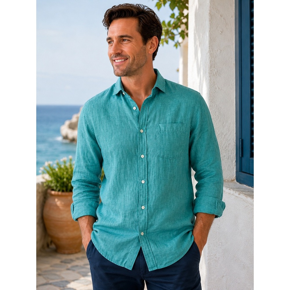 UNTUCKit Mens Large Slim Fit 100% Linen Shirt Teal Green Wrinkle Resistant L/S
